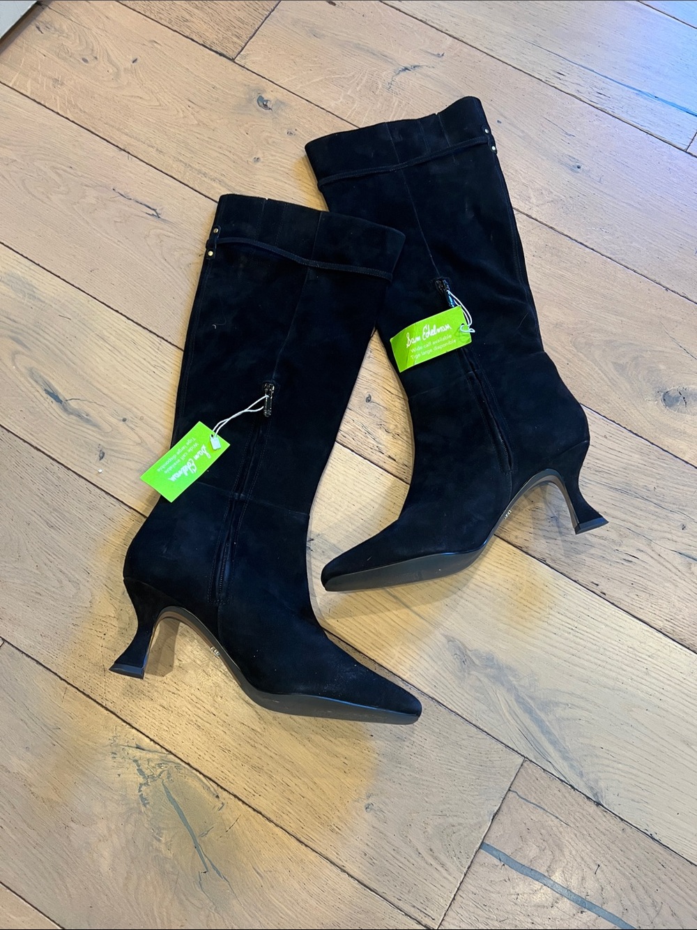 Sam Edelman Black Suede Pointed-Toe Mid-Calf Heeled Boots